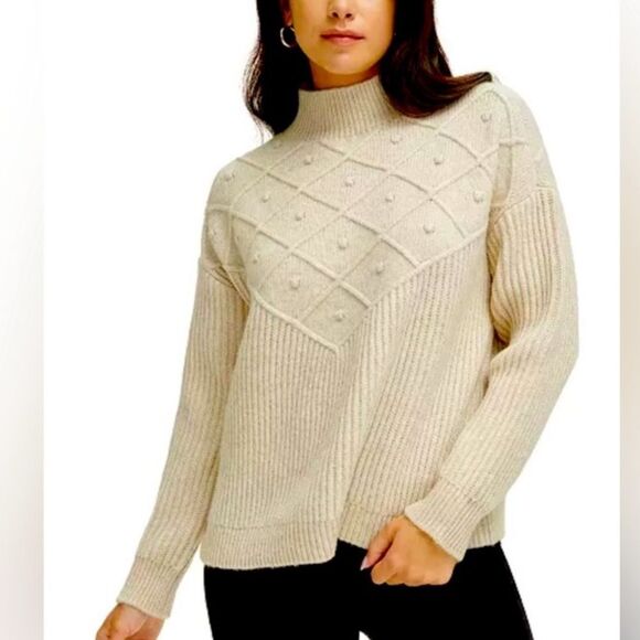 Calvin Klein Neutral Beige Chunky Knit Mockneck Popcorn Sweater - Picture 8 of 8